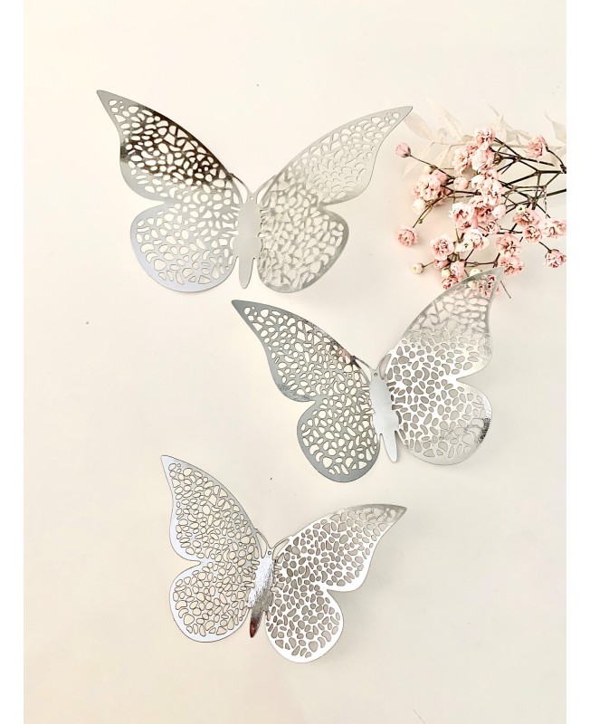 Papillons 3D Argenté / 3D Butterflies - Décor mural ou décor Sweet table